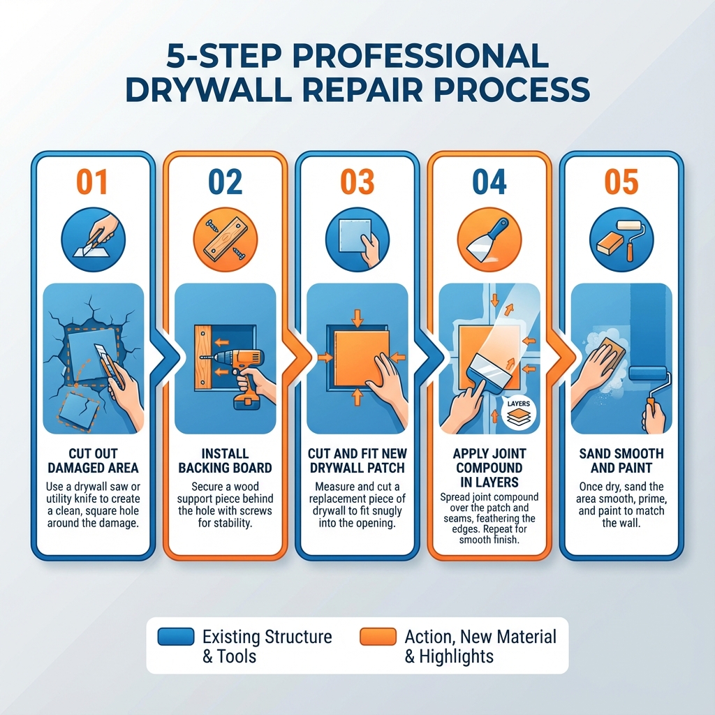 5-step drywall repair process infographic